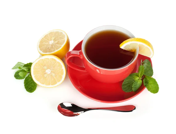 Red tea cup with lemon and mint — Stock Photo, Image