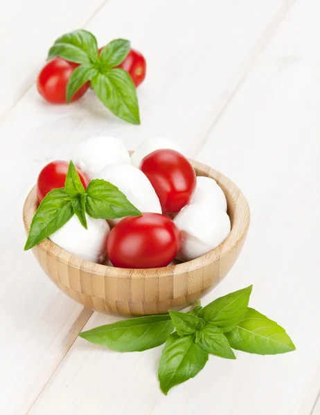 Mozzarella cheese with cherry tomatoes and basil — Stock Photo, Image