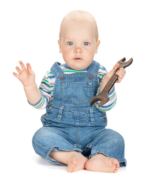 Small cute baby boy worker in jeans — Stock Photo, Image