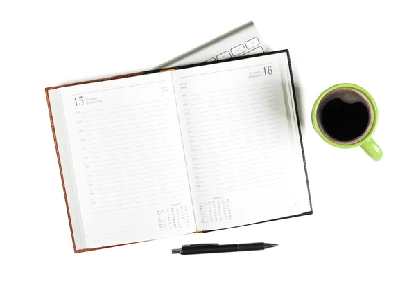 Boş bir not defteri ve kahve fincanı — Stok fotoğraf