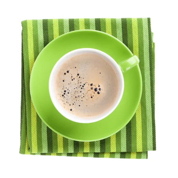 Grön kaffekopp över Kökshandduk — Stockfoto