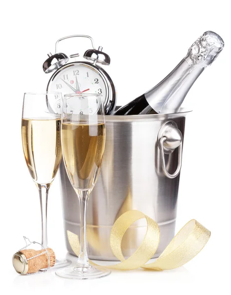 Christmas champagne with alarm clock — Stock Photo, Image
