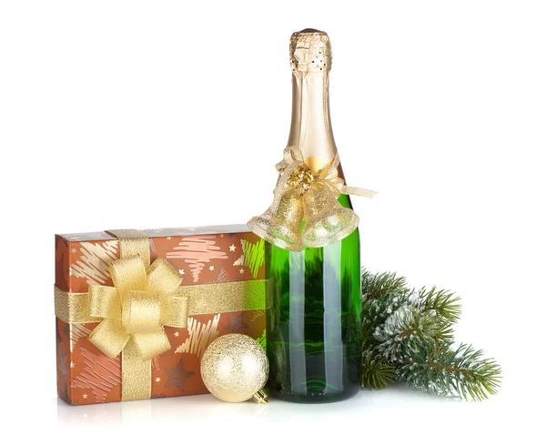 Champagne bottle and gift box — Stock Photo, Image