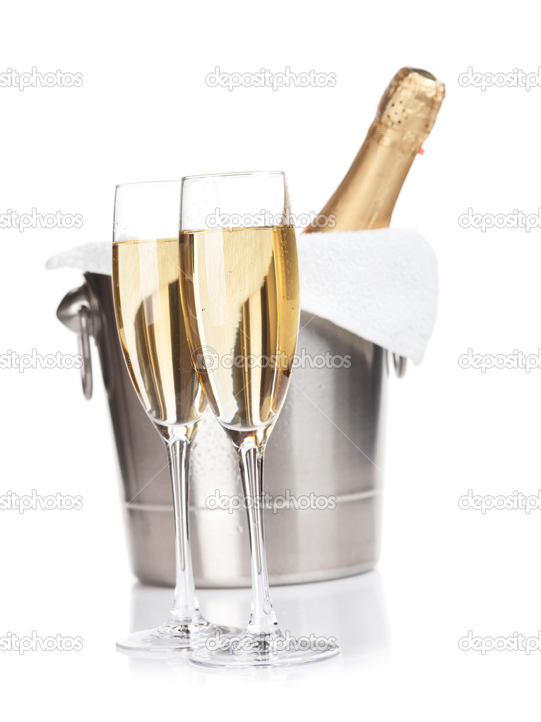 Two champagne glasses and bottle