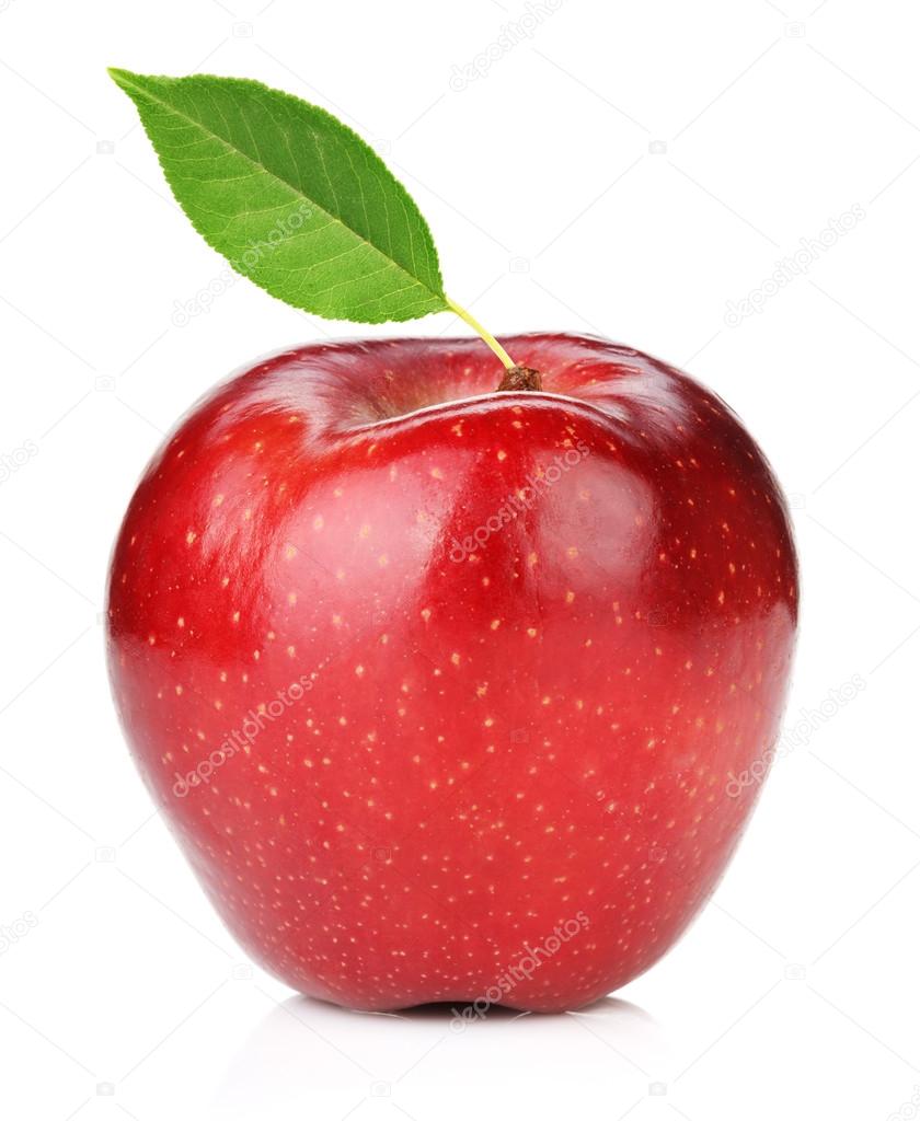 Ripe red apple with green leaf