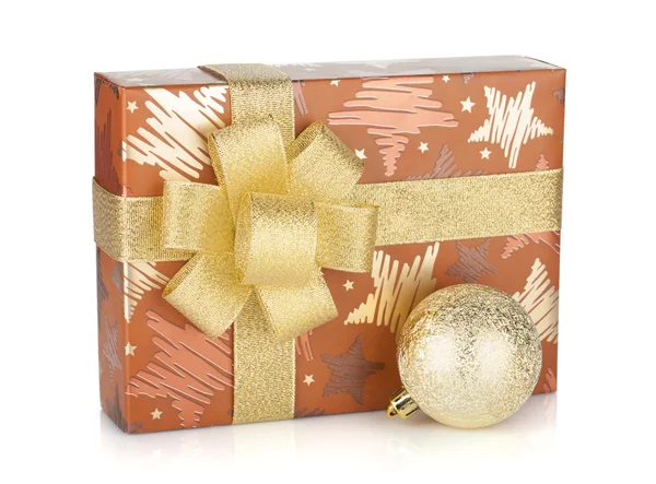 Gift box with ribbon, bow and christmas decor — Stock Photo, Image