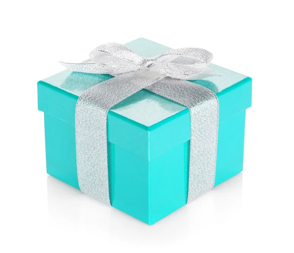 Blue gift box with silver ribbon and bow — Stock Photo, Image