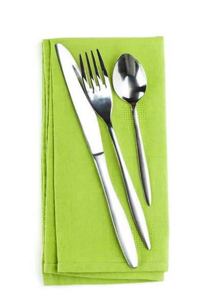 Silverware or flatware set of fork, spoon and knife on towel — Stock Photo, Image