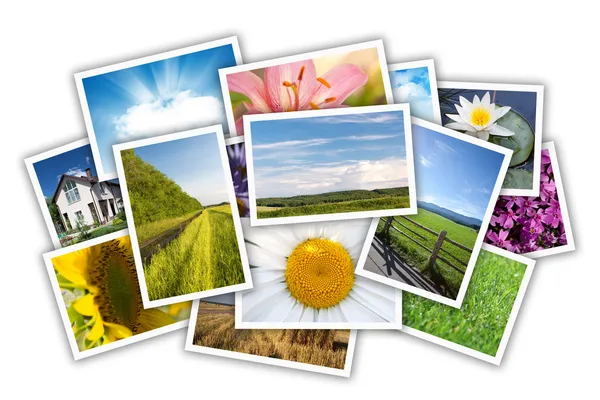 Stack of printed pictures collage — Stock Photo, Image