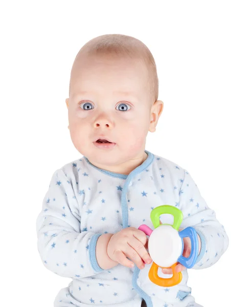 Söt baby boy håller leksak — Stockfoto