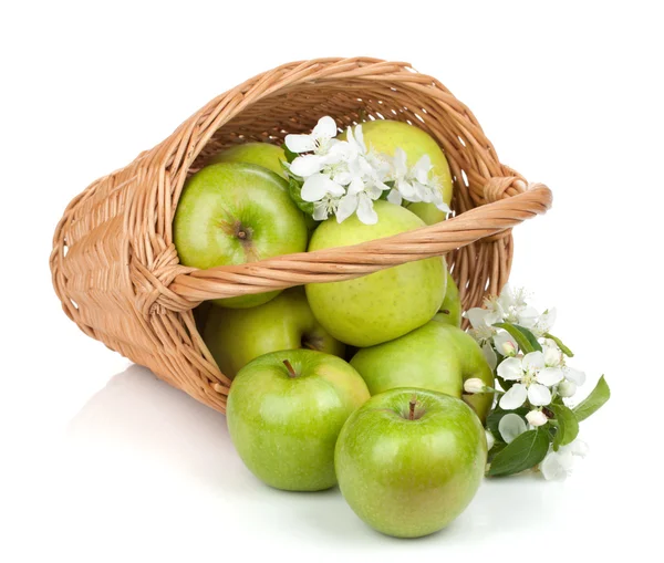 Fresh ripe green apples in basket — Stock Photo, Image