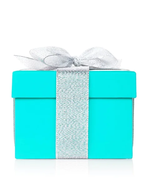 Blue gift box with silver ribbon — Stock Photo, Image