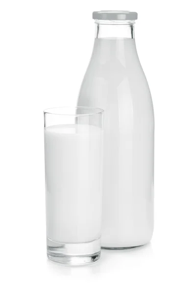 Láhev mléka a sklo — Stock fotografie