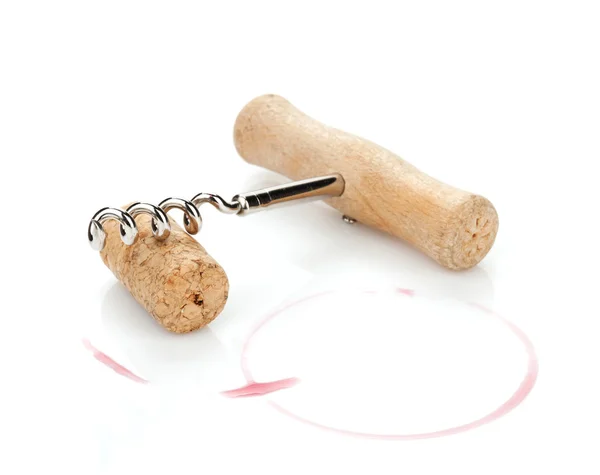 Cortiça e saca-rolhas com manchas de vinho tinto — Fotografia de Stock