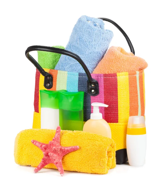 Bag with towels and beach items — Stock Photo, Image