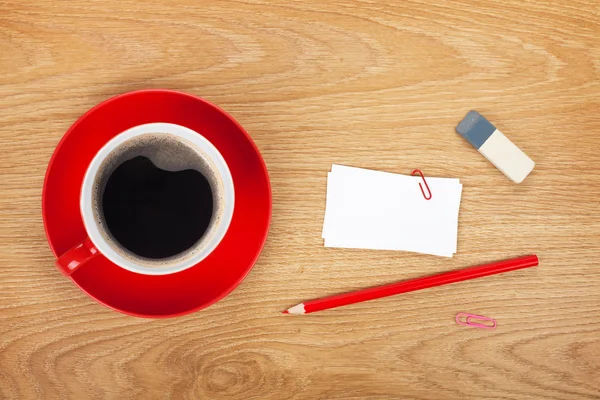 Blank business cards over office table with supplies — Stock Photo, Image