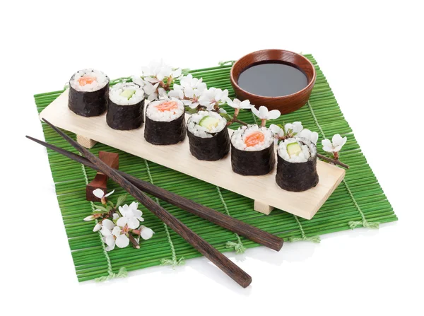 Sushi set with fresh sakura branch — Stock Photo, Image