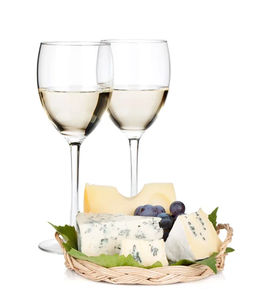 Fehér bor, sajt és szőlő — Stock Fotó