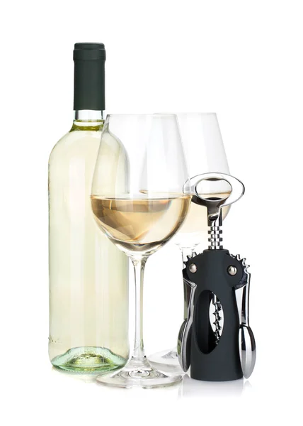 White wine bottle, two glasses and corkscrew — Stock Photo, Image