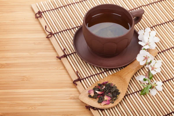 Té verde japonés y rama de sakura — Foto de Stock