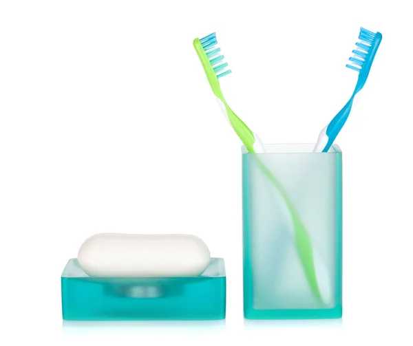 Two toothbrushes and soap — Stock Photo, Image