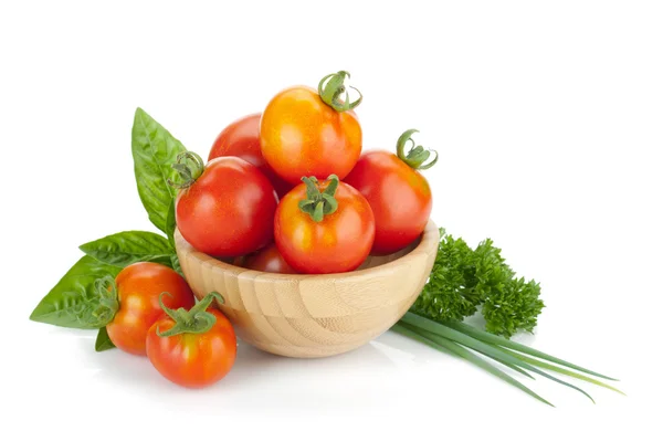 Ripe tomatoes, basil and parsley — Stock Photo, Image