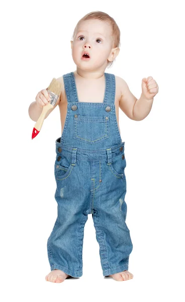Baby worker with paint brush — Stock Photo, Image