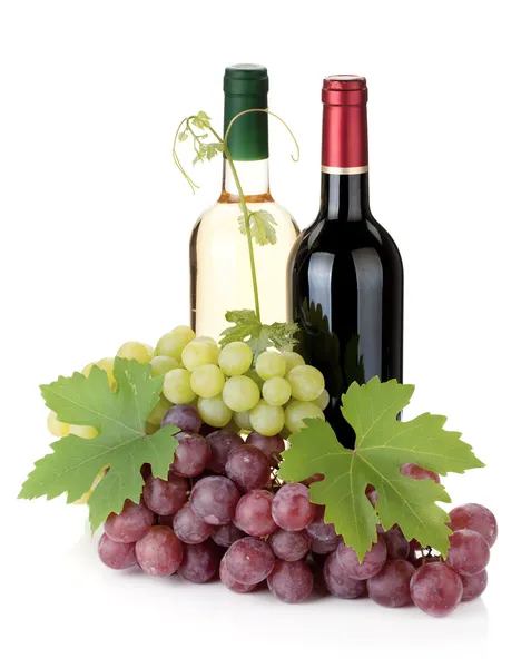Botellas de vino y uvas — Foto de Stock
