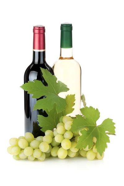Garrafas de vinho e uvas — Fotografia de Stock