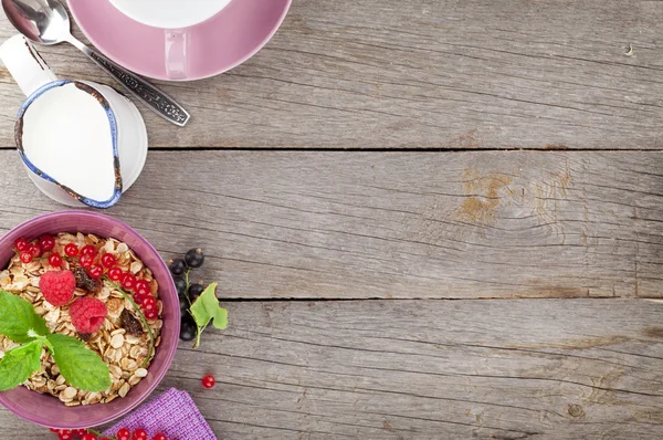 Healty breakfast with muesli, berries and milk — Stock Photo, Image