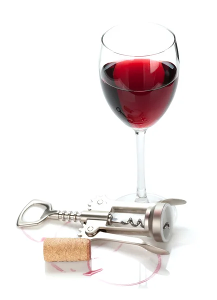 Ποτήρι κόκκινου κρασιού τύπου, φελλός και ανοιχτήρι — Φωτογραφία Αρχείου