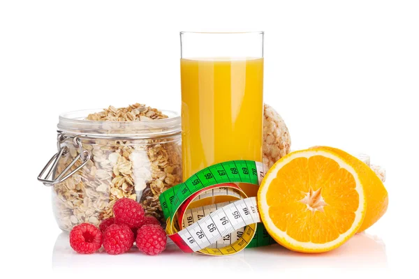 Healty breakfast with muesli, berries and orange juice — Stock Photo, Image