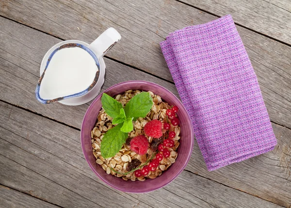 Healty breakfast with muesli, berries and milk — Stock Photo, Image