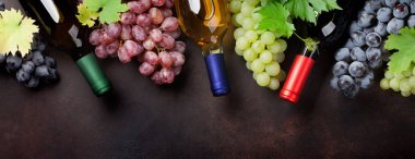 Şarap şişeleri ve üzümler taş masada. Üst görünüm düzlüğü