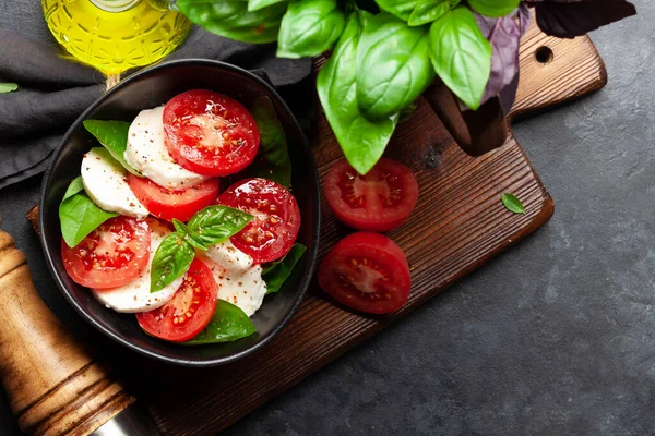 Taze domatesli Caprese salatası, fesleğen ve mozzarella peyniri. Üst görünüm düzlüğü kopyalama alanı ile yatıyordu