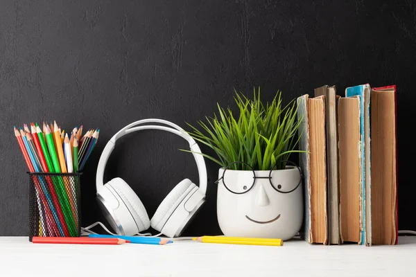 Table Books Plant Glasses Headphones Work Education Concept Copy Space — Stock Photo, Image