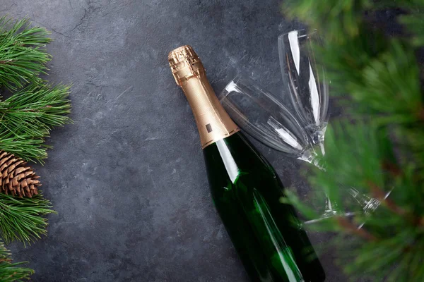 Kerstboom Champagne Bovenaanzicht Plat Lag Met Kopieerruimte Voor Groeten — Stockfoto