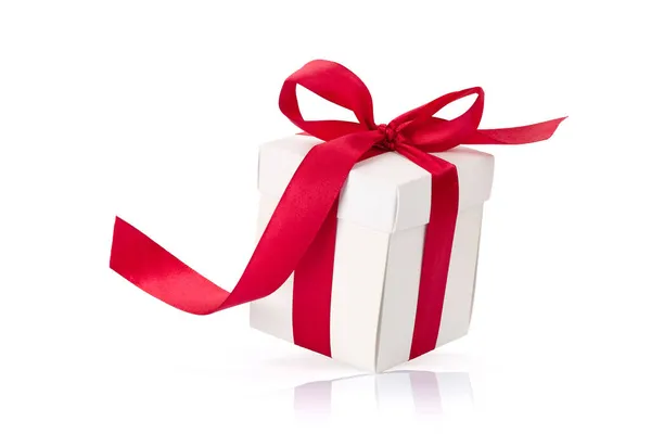 White Gift Box Red Ribbon Isolated White Background Royalty Free Stock Images