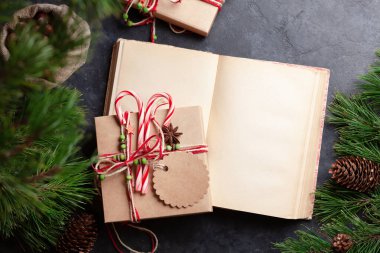 Noel hediye kutusunda el işi dekorları ve klasik kitaplar var. Tebrik etmek için en üstteki dairede yer var.