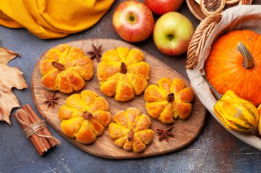 Ev yapımı balkabağı kek ve çeşitli balkabakları gibi görünür. Üst görünüm düzlüğü