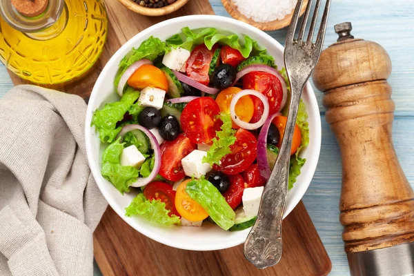 Classic Greek Salad Fresh Garden Vegetables Top View Flat Lay — Stock Photo, Image