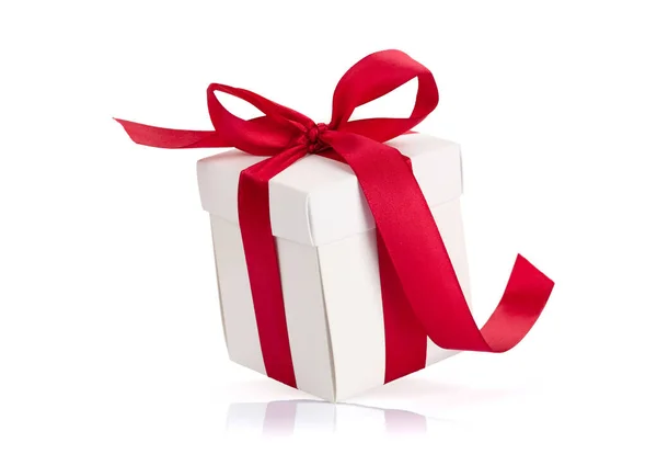 White Gift Box Red Ribbon Isolated White Background — Stock Photo, Image