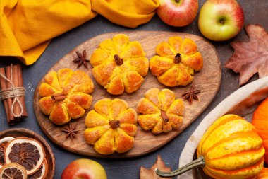 Ev yapımı balkabağı kek ve çeşitli balkabakları gibi görünür. Üst görünüm düzlüğü