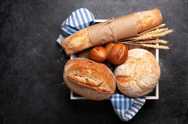 Various Types Bread Stone Table Top View Flat Lay Copy — Stock Photo, Image