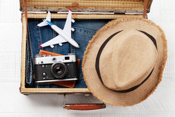 Travel Vacation Concept Luggage Trip Items Clothes Top View Flat — Stock Photo, Image