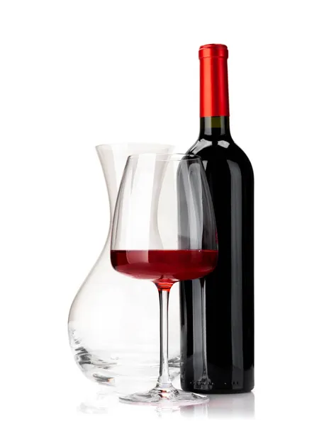 Copo Vinho Garrafa Vinho Tinto Decantador Isolado Sobre Fundo Branco — Fotografia de Stock