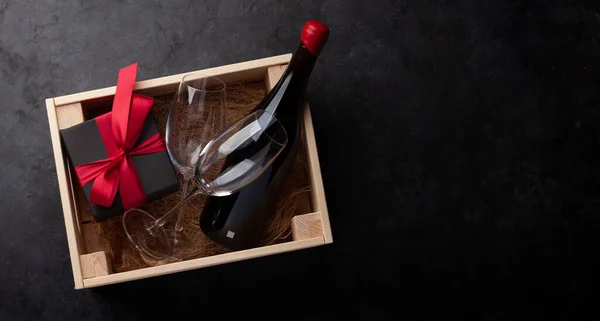 San Valentino Confezione Regalo Natale Con Bottiglia Vino Rosso Vista — Foto Stock