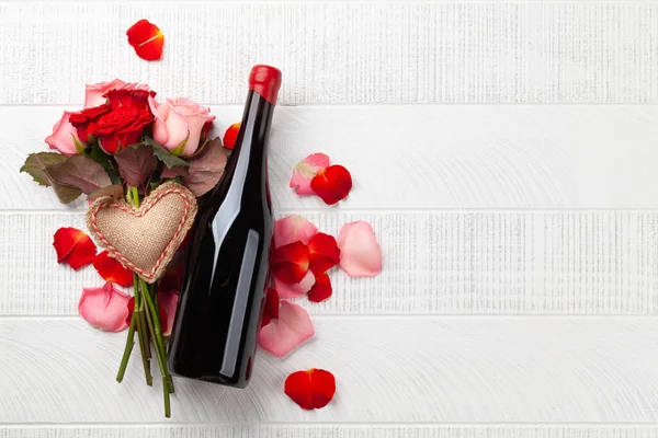 Пляшка Шампанського Трояндові Квіти День Святого Валентина Вітальна Листівка Сердечним — стокове фото