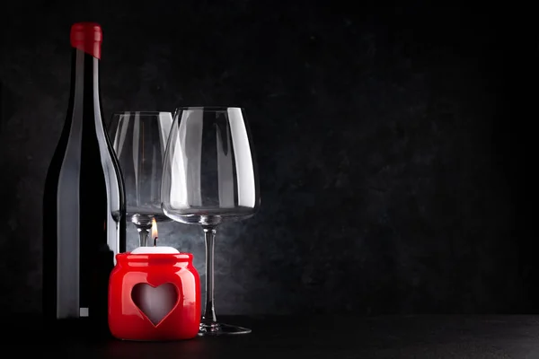 День Святого Валентина Спалює Свічку Пляшку Червоного Вина Простором Ваших — стокове фото