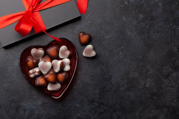 Valentýna Tvaru Čokoládových Bonbónů Dárkové Krabice Horní Pohled Plochý Ležel — Stock fotografie